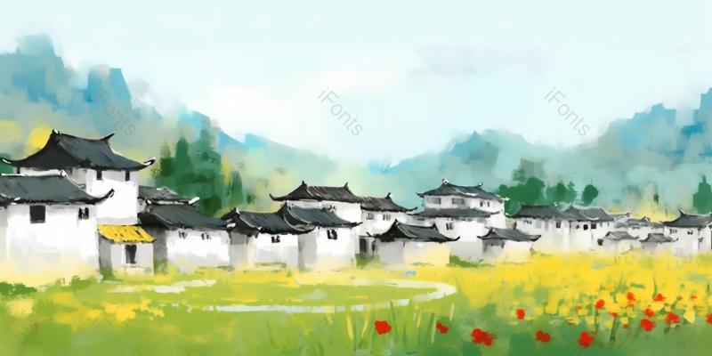 乡村老房子遍地鲜花盛开的风景画水彩插画,插画/手绘图,插画/手绘图库,插画/手绘图下载,插画/手绘